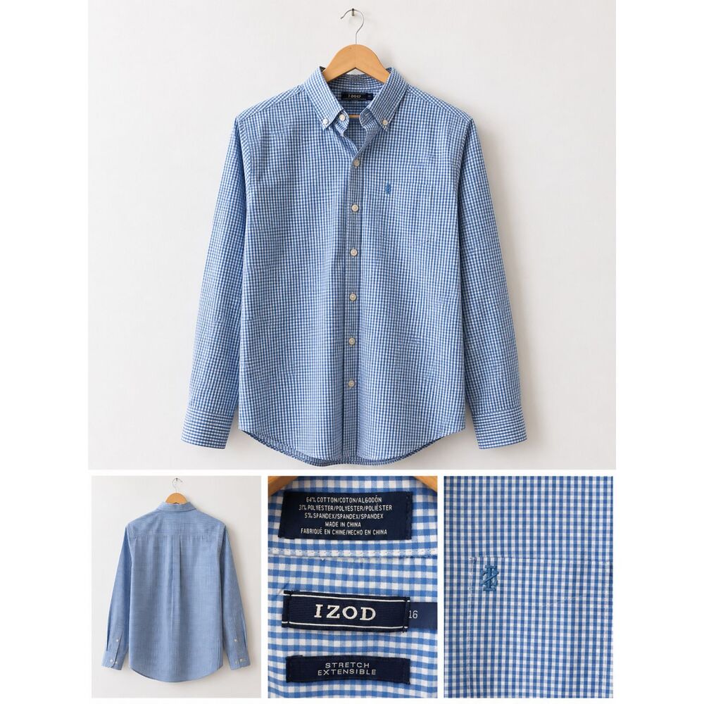 IZOD Boys Button-Down Shirt Size 16 Blue Gingham Stretch Long Sleeve